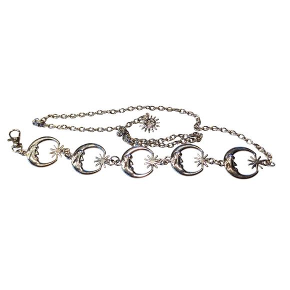Moon Sun Boho Retro Punk Silver Tone Metal 43" or Less Waist Chain Belt - Picture 1 of 10